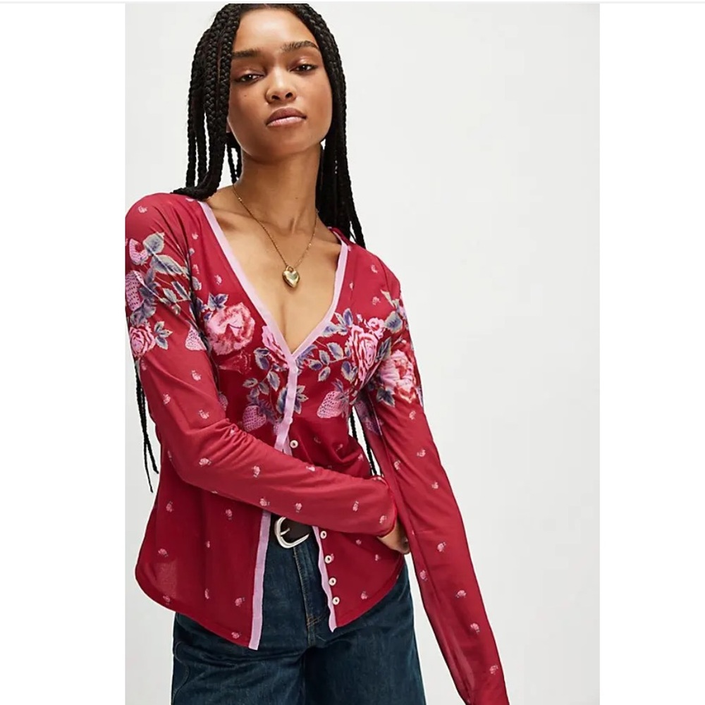 FREE PEOPLE Home Grown Floral Majenta Combo Button-Up Women's Mesh Cardigan